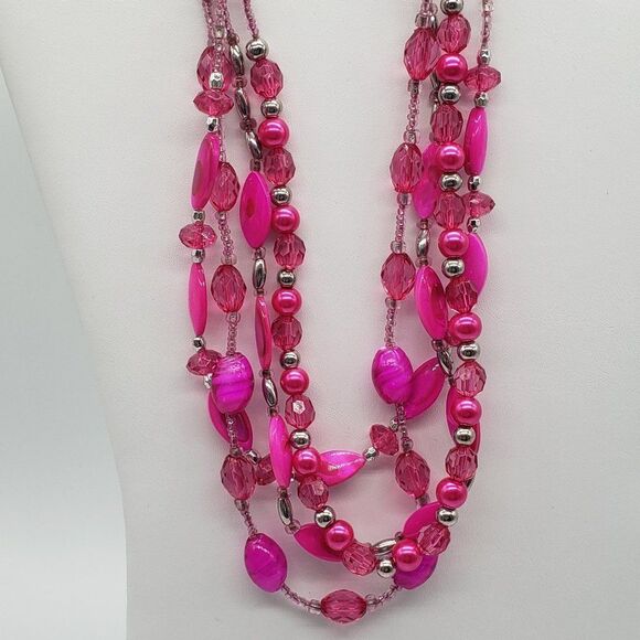 Madison Avenue 4 Strand Fuchsia Pink Glass Faux Beaded Necklace & Earring Set - Picture 7 of 9